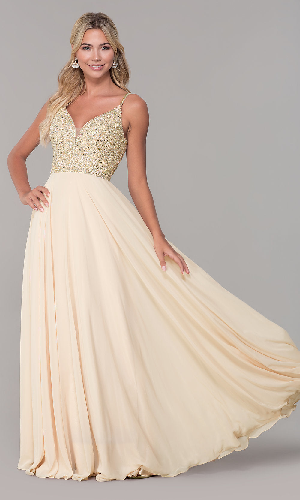 Dancing Queen-Long V-Neck Sleeveless Beaded-Bodice Prom Dress